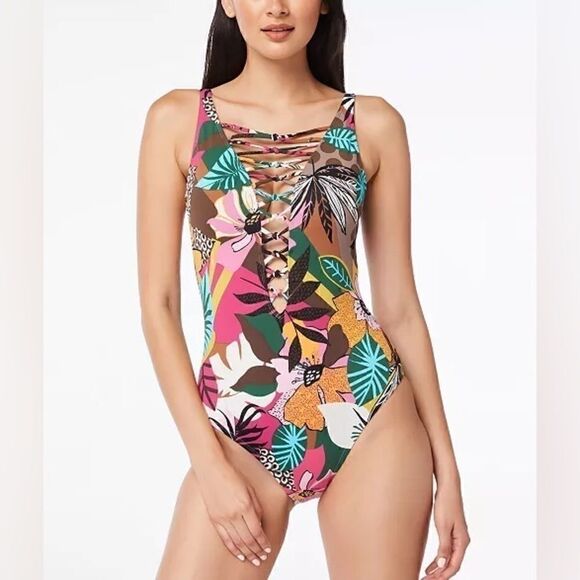 BLEU BY ROD BEATTIE  Lace-Up Over-the-Shoulder Swimsuit Jungle Book Floral 14 - Picture 1 of 15